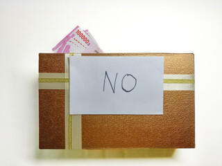 Anti Corruption Rejecting Bribes and Gifts. The box contains money with a 'NO' sign, symbolizing...