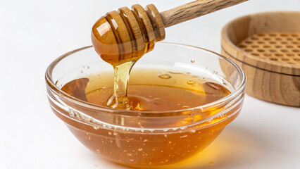 Fresh honey dripping from wooden dipper into the bowl