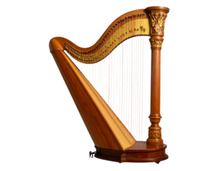 Front View of Elegant Wooden Harp with Gold Strings