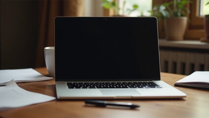 Laptop on wooden desk with papers and plants workspace