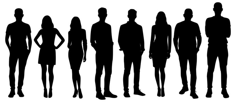 Vector silhouettes men and women, illustration. Silhouettes of young people posing in casual clothes. JPEG version.