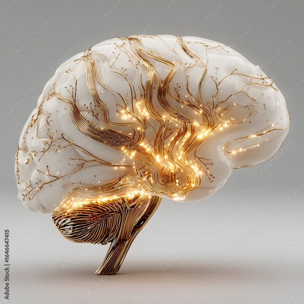 Poster glowing brain with circuit patterns inside, clean pale background with right copyspace,