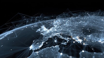 Dynamic global network visualization connecting cities with light trails across Europe at night representing digital communication and interconnectedness