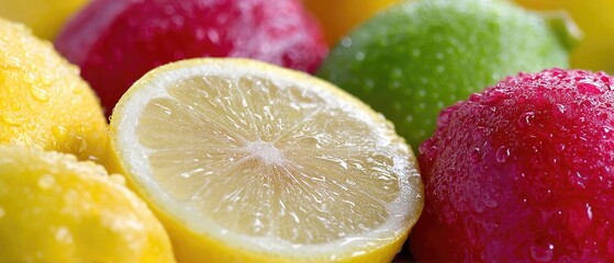 Close-up of colorful citrus fruits with water droplets