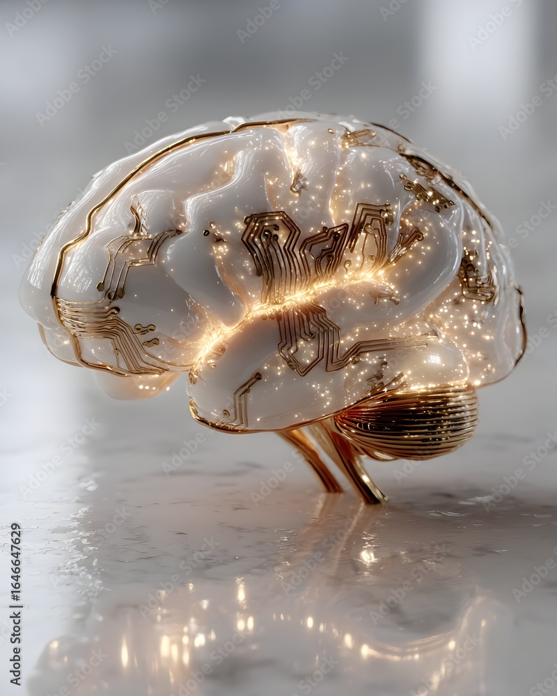 Poster glowing brain with circuit patterns inside, clean pale background with right copyspace,