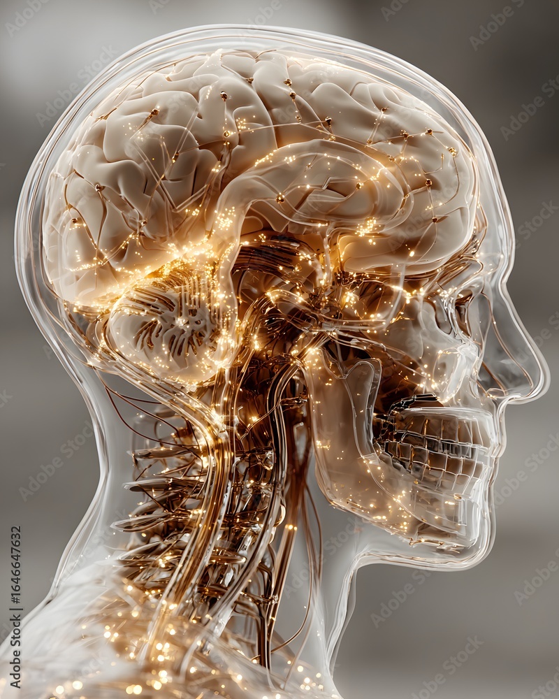 Poster glowing brain with circuit patterns inside, clean pale background with right copyspace,