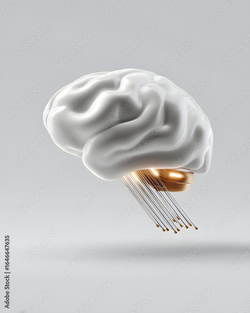 Poster glowing brain with circuit patterns inside, clean pale background with right copyspace,