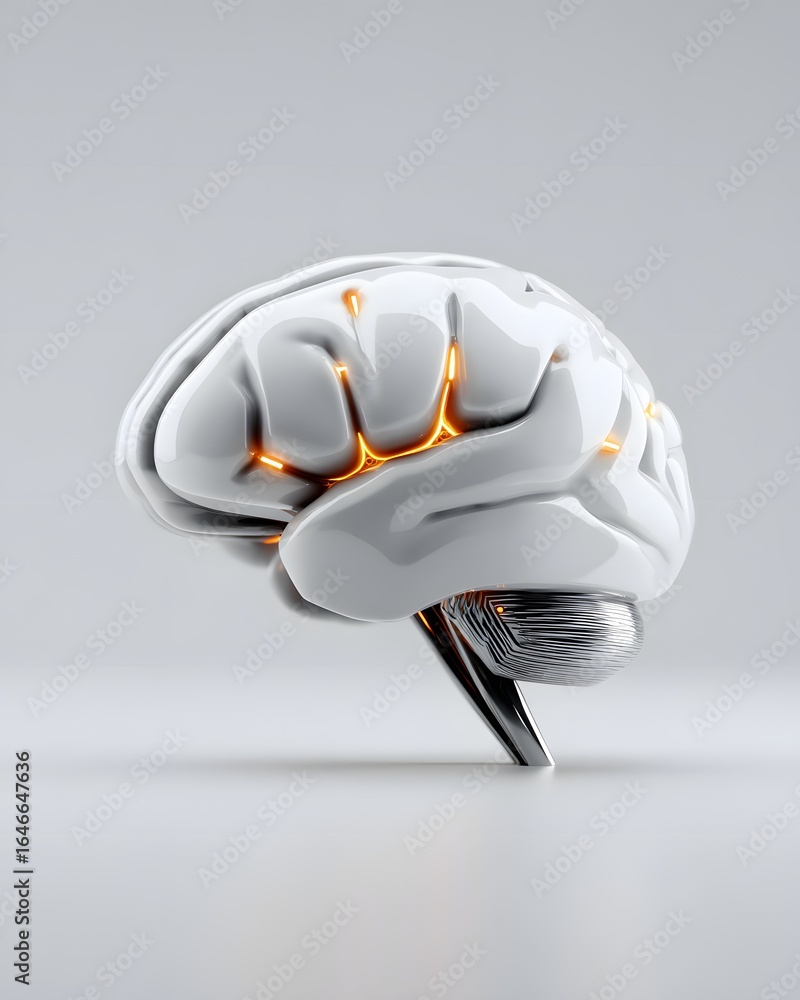 Poster glowing brain with circuit patterns inside, clean pale background with right copyspace,