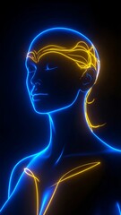 Serene female figure, outlined in glowing blue and gold, against a dark background