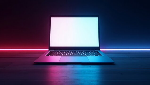Laptop with blank screen illuminated by pink and blue neon lights