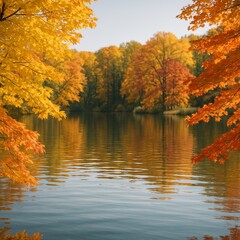 A serene autumn scene with colorful foliage and sunlight