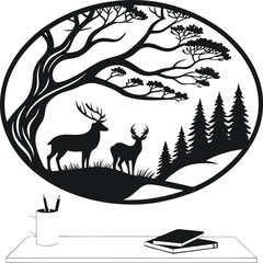 Black and White Silhouette of Two Deer on Grassy Hill with Tree and Evergreens Inside Oval Frame for Nature, Wildlife, and Decorative Concepts