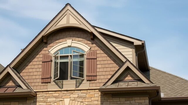 Residential architecture detail of a modern house facade, showing a gabled roof, shake siding, and an open arched dormer window.
