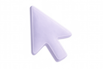 Digital 3d purple cursor arrow pointing diagonally over transparent surface, highlighting graphic design and web interface elements