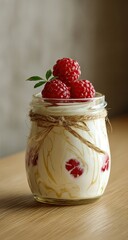 Creamy white dessert in a glass jar, topped with three fresh raspberries and a sprig of greenery, tied with twine; swirls of a golden liquid are visible within the dessert