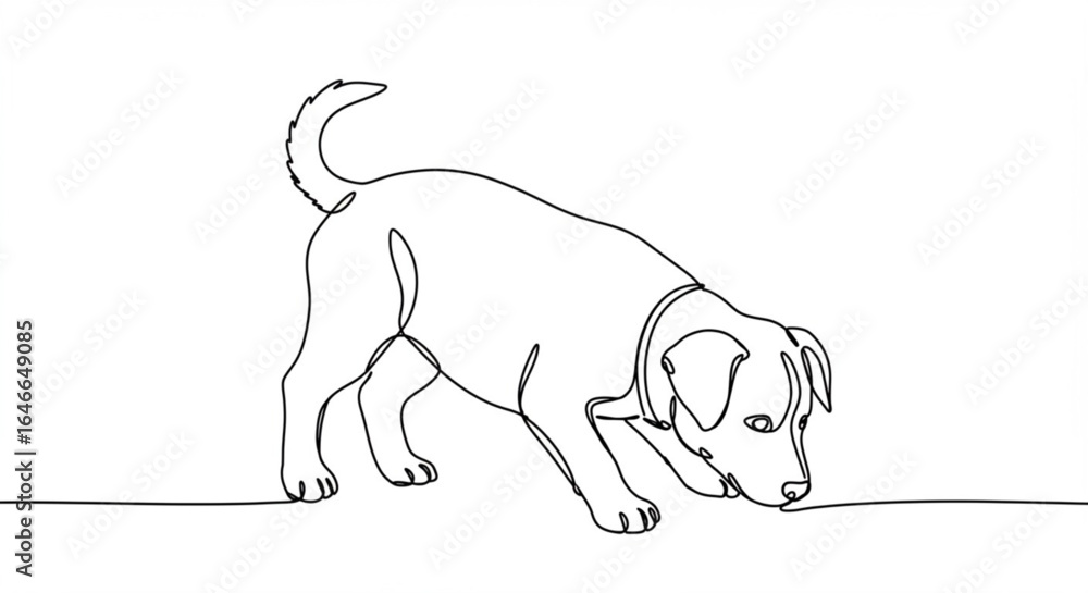 Poster curious puppy explores the world with a single continuous line art style, capturing playful innocenc