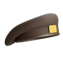 Brown school beret with gold plate, isolated on white background, formal headwear for school uniforms, special events, and traditional ceremonies.