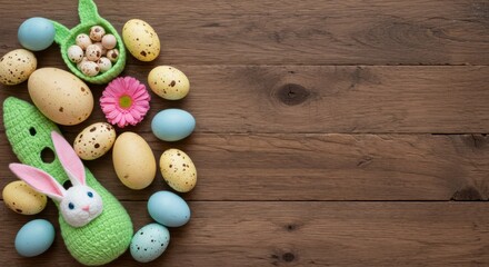 Adorable Knitted Bunny with Pastel Easter Eggs on Wooden Background