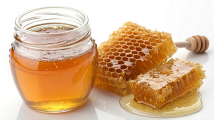 Honey in jar with honeycomb and wooden dipper isolated in white background