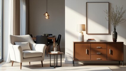 Light filled living room with armchair and credenza