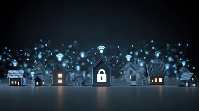 Secure smart home concept with glowing houses and lock symbol representing digital security and modern home automation systems