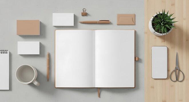 Open notebook with stationery, desk setup for work from home, Mockup of office supplies on desk, office items