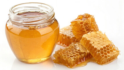 Honey in jar with honeycomb slice isolated in white background