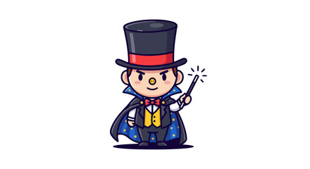 Fototapeta premium Charming cartoon magician VECTOR illustration presenting a whimsical performance with his magic wand, perfect for adding a touch of enchantment and wonder.