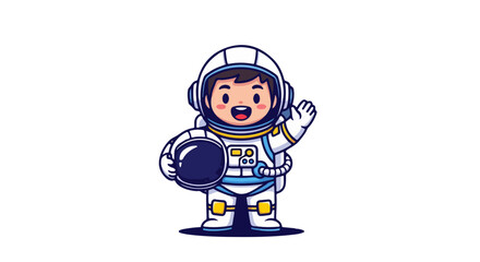 Cute cartoon astronaut waving hand, holding helmet, space explorer character mascot VECTOR illustration from the ASTRONOT.svg concept © Mr.atungs