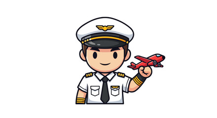 Vibrant Vector Artwork of a Cartoon Pilot in Uniform, Enthusiastically Holding a Bright Red Toy Airplane, Capturing the Spirit of Aviation and Flight Dreams.