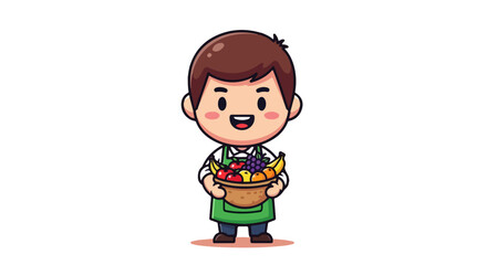 Adorable Fruit Seller VECTOR Illustration Cute Cartoon Boy with Basket of Fruits