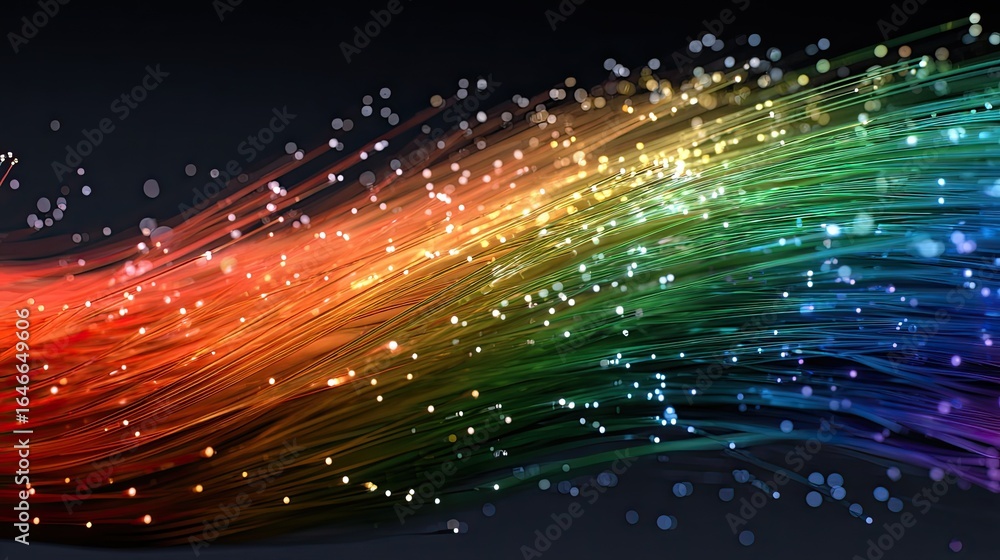 Poster dynamic abstract fiber optic technology background with vibrant rainbow colors, perfect for high-tec