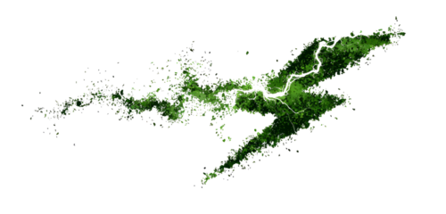 Dynamic green lightning bolt symbol representing the power of nature, with a forest and river texture isolated on a white background.