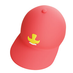 Tilted red school baseball cap with yellow emblem, isolated on white background, stylish headwear for sports teams, uniforms, and school gatherings.