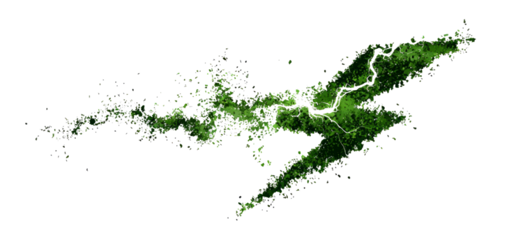 Dynamic green lightning bolt symbol representing the power of nature, with a forest and river texture isolated on a white background. - Powered by Adobe