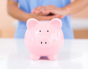 Pink piggy bank in focus, blurred healthcare professional in background