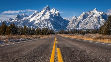 Naklejka premium Scenic highway leading to snow-capped mountains