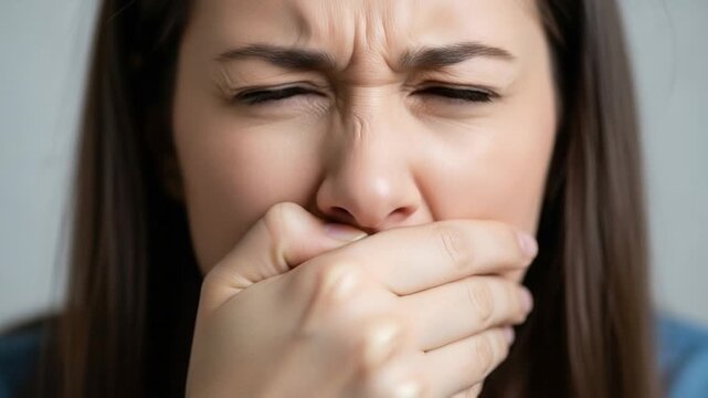 Close-up of Young Woman Reacting with Disgust, Nausea, or Unpleasant Smell