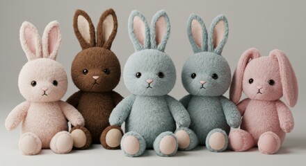 Fototapeta premium Five Plush Bunnies in Pastel Colors on White Background