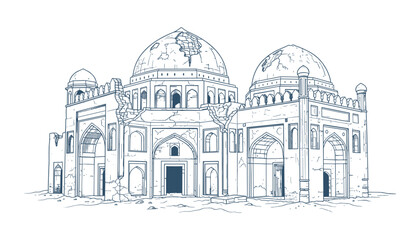 Fototapeta premium Detailed line art illustration of a damaged ancient mausoleum building with domes and arches. Architectural ruins. Vector Illustration