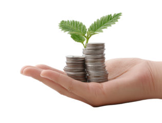 A hand holding coins with a growing plant, isolated on a white or transparent background