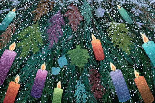 VELAS COLORIDAS E PINHEIROS SOB UM DOSSEL, VISTA DE BAIXO PARA CIMA