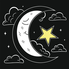 Whimsical Night Sky Illustration Featuring Smiling Crescent Moon with Face, Yellow Star, and White Clouds on Black Background for Dreamy, Celestial, and Graphic Design Concepts