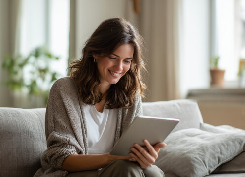 Woman smiling while looking at a tablet sitting on a grey couch indoors - Powered by Adobe