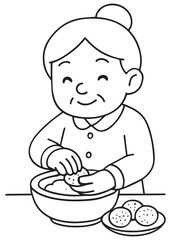 coloring book page of grandmother cracking an egg into a mixing bowl