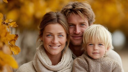 A man and woman holding a small child in front of a tree.