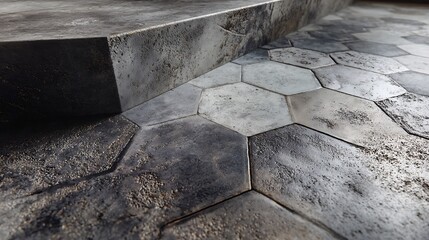 Hexagonal Tile Flooring and Step with Industrial Concrete Texture Close-up