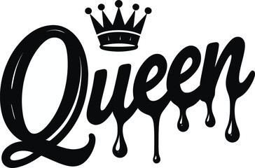 Queen Typography Illustration Featuring Black Crown and Dripping Ink Effect on Stylized Letters for Royal, Feminine, and Graphic Design Concepts