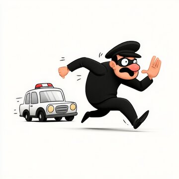 a thief running away from a police car - cartoon style on white background