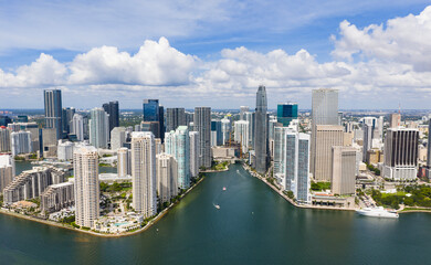 Aerial view of Brickell skyscrapers. Modern cityscape of downtown Miami. Panoramic Miami skyline above the coastline.